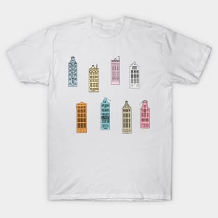 Facades of old canal houses from Amsterdam City rainbow colorful illustration T-Shirt